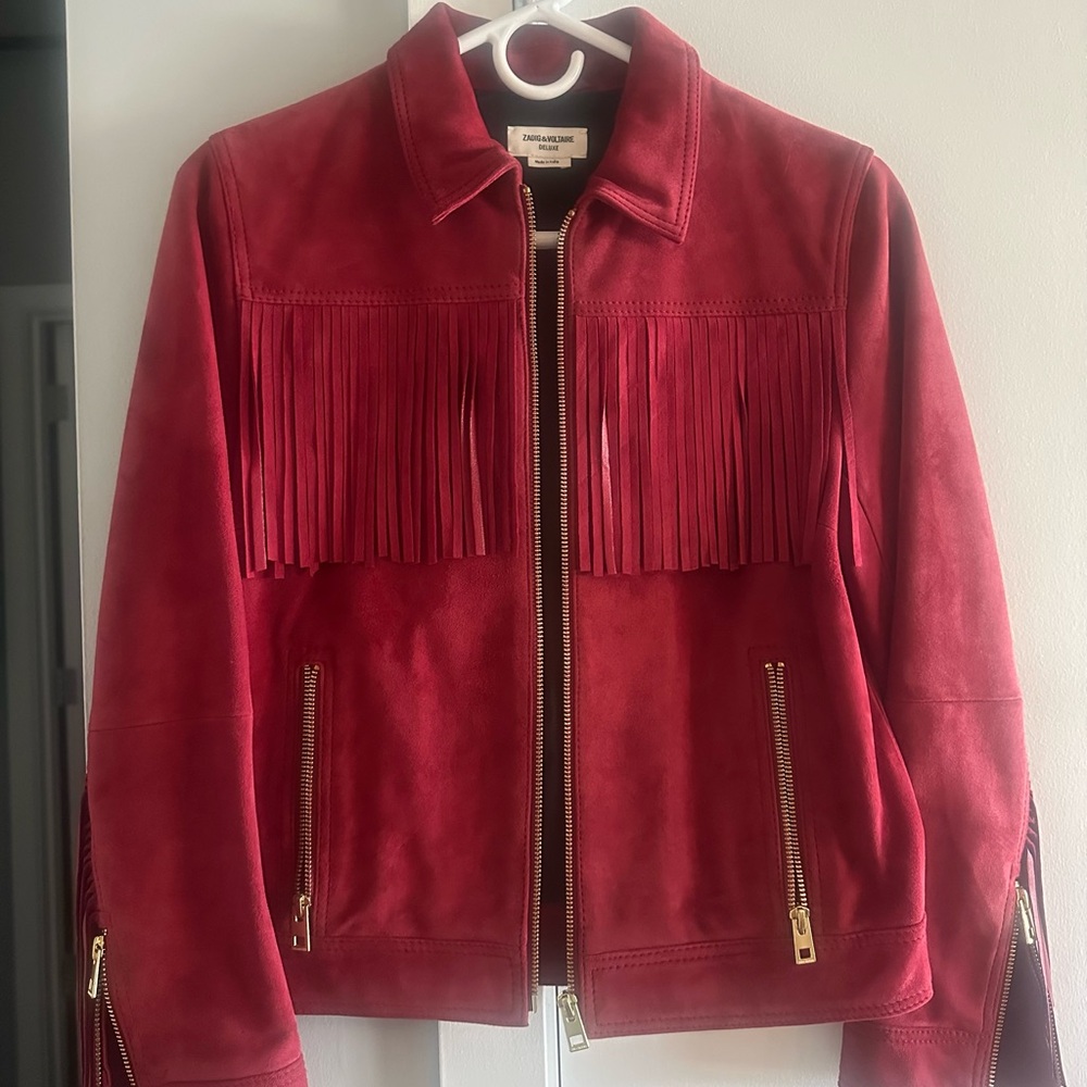 Zadig & Voltaire Red Suede Fringe Zip Jacket